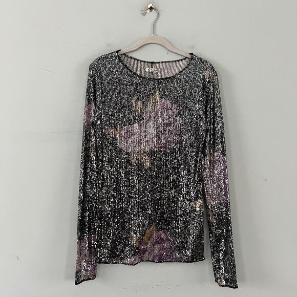 NWT Free People Intimately Gold Rush Black Combo Printed Sequin Long Sleeve - Picture 4 of 6